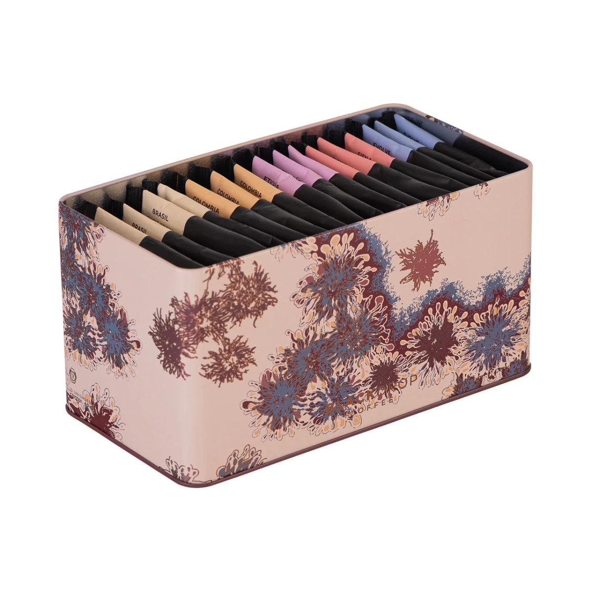 Tin Blackdrop rectangular floral abierta drip bags brasil colombia etiopia